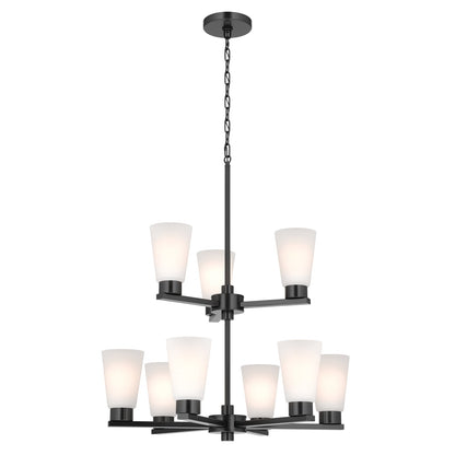 Kichler Stamos 24in 9-Light Chandelier | Modern Black Steel and Satin Etched Glass | Dining Room & Living Room | 27in H | Model 52438BK