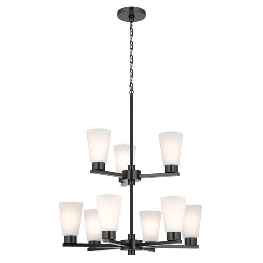 Kichler Stamos 24in 9-Light Chandelier | Modern Black Steel and Satin Etched Glass | Dining Room & Living Room | 27in H | Model 52438BK