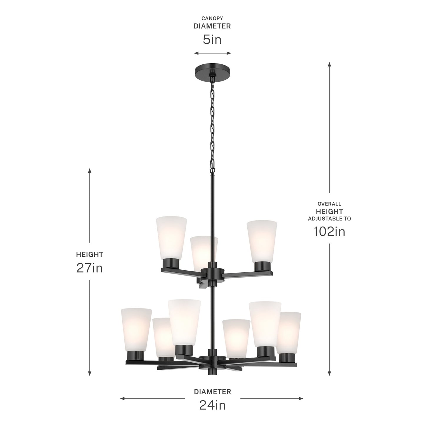Kichler Stamos 24in 9-Light Chandelier | Modern Black Steel and Satin Etched Glass | Dining Room & Living Room | 27in H | Model 52438BK