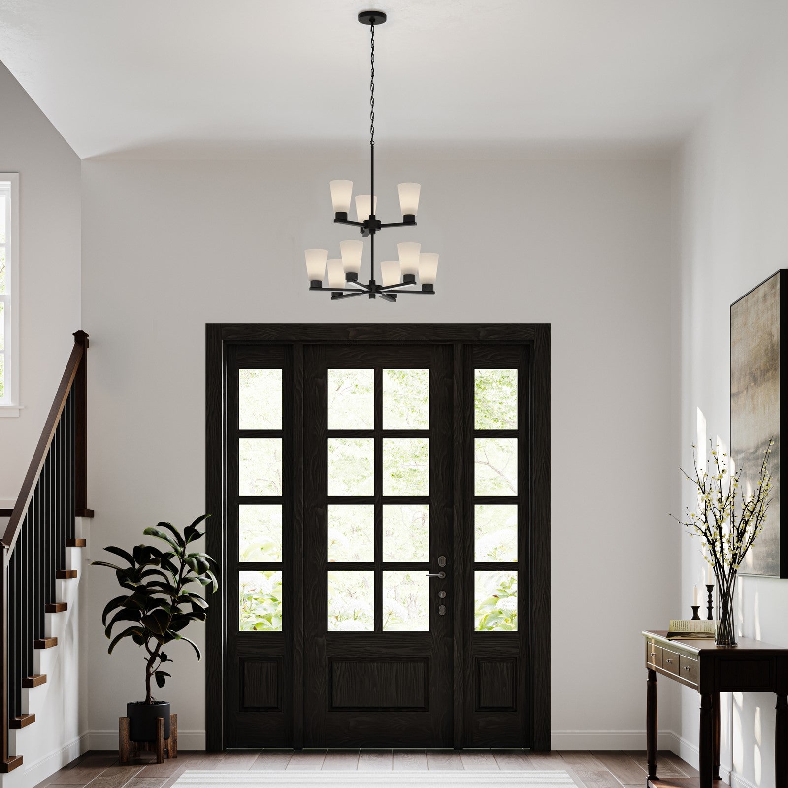 Kichler Stamos 24in 9-Light Chandelier | Modern Black Steel and Satin Etched Glass | Dining Room & Living Room | 27in H | Model 52438BK