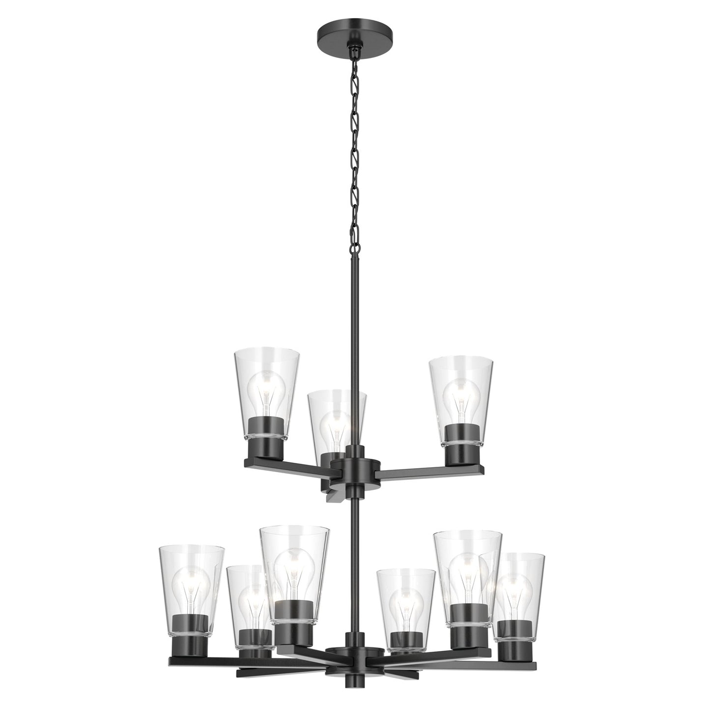 Kichler Stamos 24in 9-Light Chandelier | Modern Black Steel and Clear Glass | Dining Room & Living Room | 27in H | Model 52438BKCLR