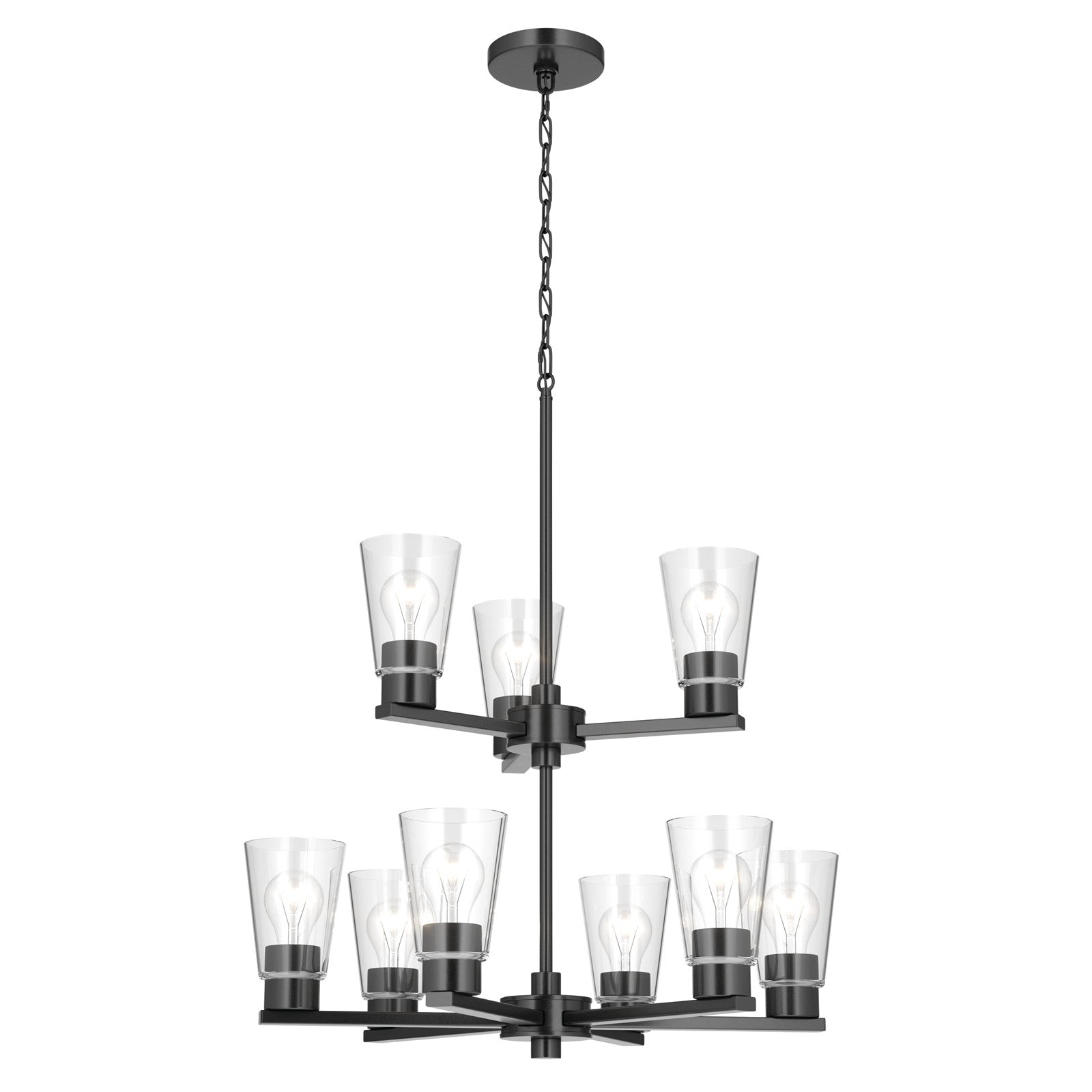 Kichler Stamos 24in 9-Light Chandelier | Modern Black Steel and Clear Glass | Dining Room & Living Room | 27in H | Model 52438BKCLR