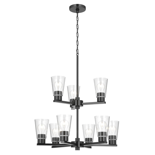 Kichler Stamos 24in 9-Light Chandelier | Modern Black Steel and Clear Glass | Dining Room & Living Room | 27in H | Model 52438BKCLR
