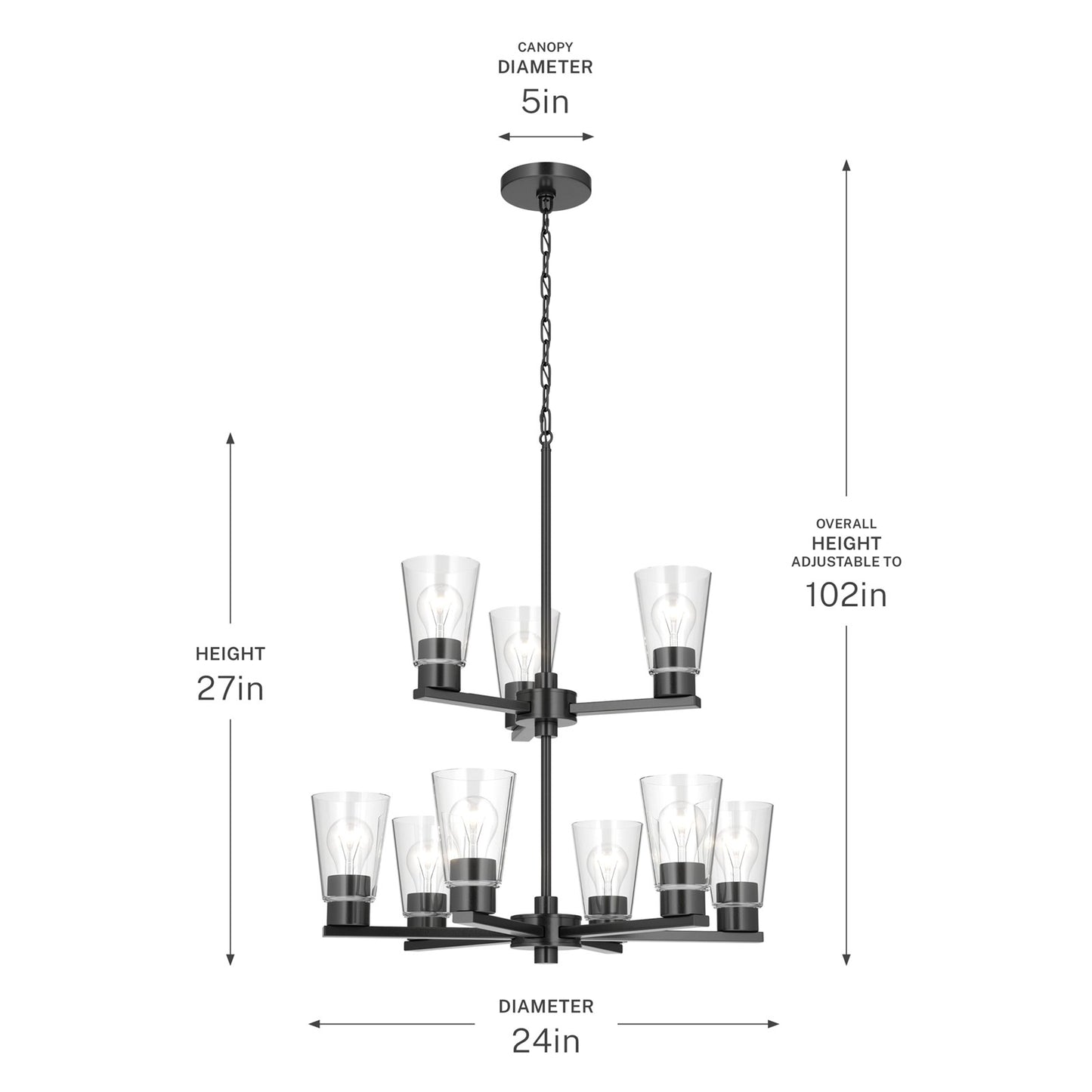 Kichler Stamos 24in 9-Light Chandelier | Modern Black Steel and Clear Glass | Dining Room & Living Room | 27in H | Model 52438BKCLR