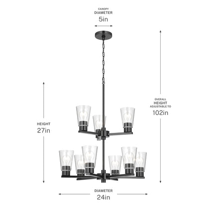Kichler Stamos 24in 9-Light Chandelier | Modern Black Steel and Clear Glass | Dining Room & Living Room | 27in H | Model 52438BKCLR