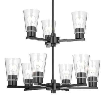 Kichler Stamos 24in 9-Light Chandelier | Modern Black Steel and Clear Glass | Dining Room & Living Room | 27in H | Model 52438BKCLR