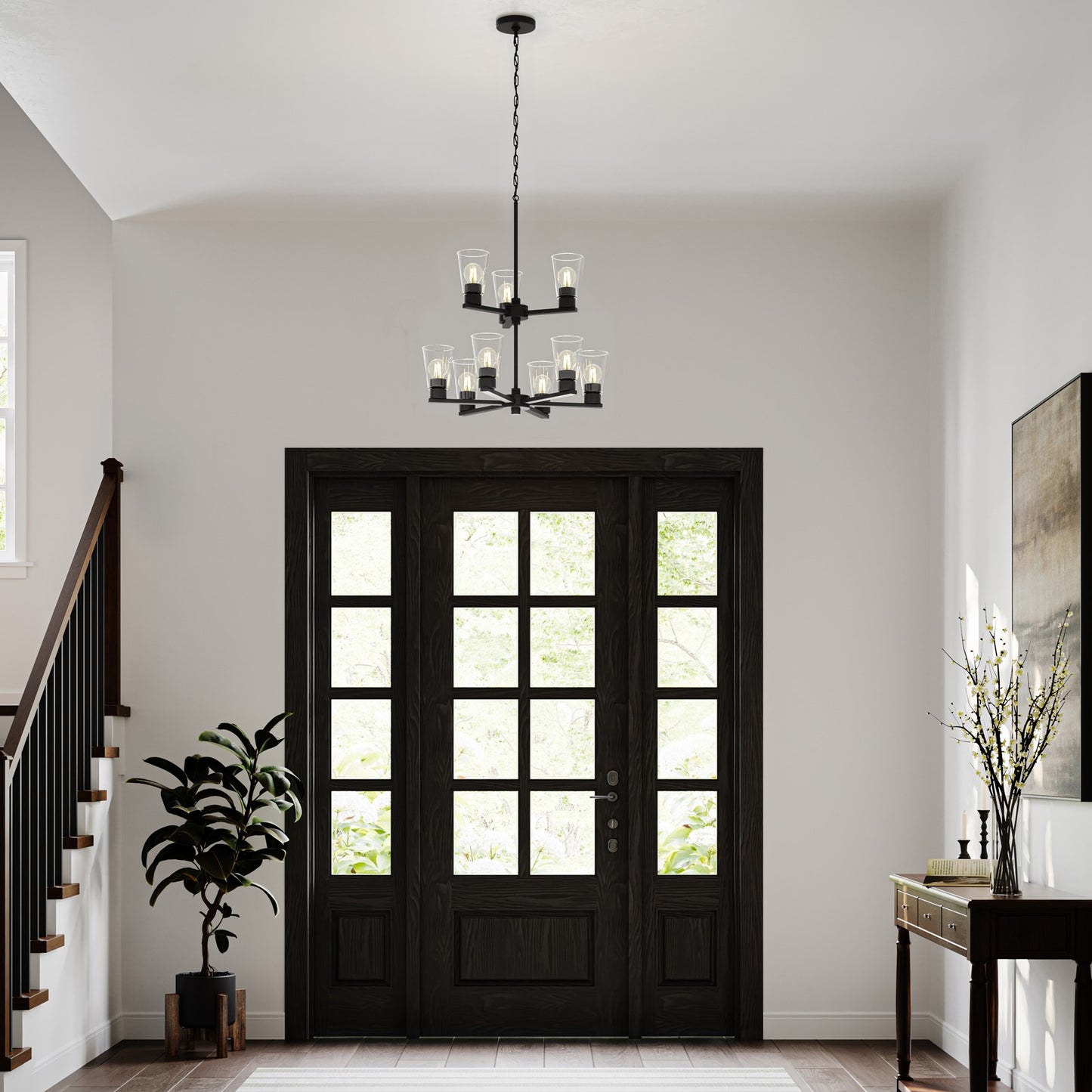 Kichler Stamos 24in 9-Light Chandelier | Modern Black Steel and Clear Glass | Dining Room & Living Room | 27in H | Model 52438BKCLR