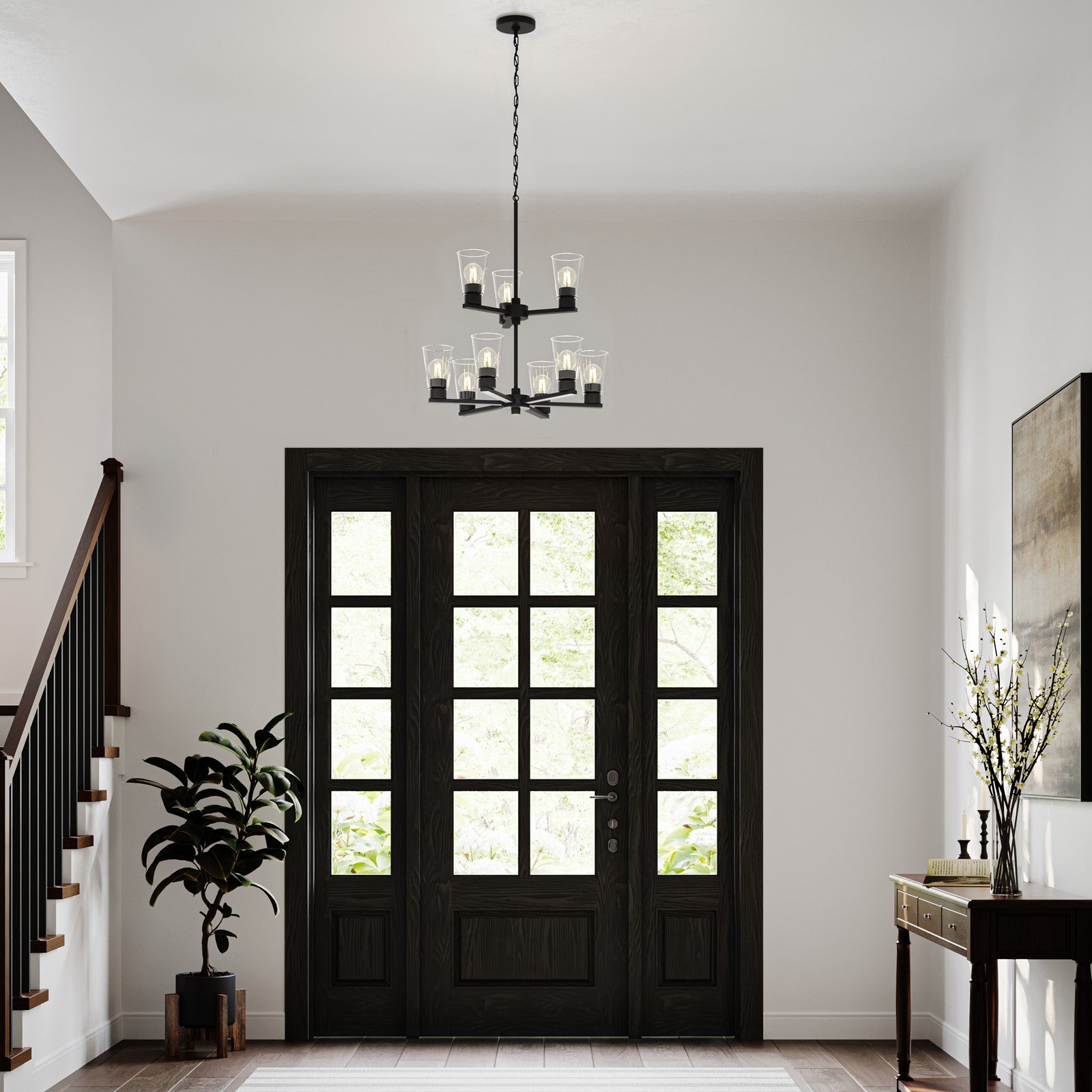 Kichler Stamos 24in 9-Light Chandelier | Modern Black Steel and Clear Glass | Dining Room & Living Room | 27in H | Model 52438BKCLR