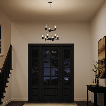 Kichler Stamos 24in 9-Light Chandelier | Modern Black Steel and Clear Glass | Dining Room & Living Room | 27in H | Model 52438BKCLR