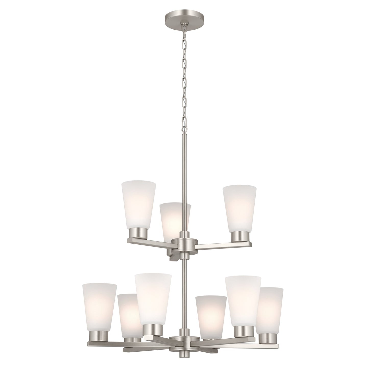 Kichler Stamos 24in 9-Light Chandelier | Modern Brushed Nickel Steel and Satin Etched Glass | Dining Room & Living Room | 27in H | Model 52438NI