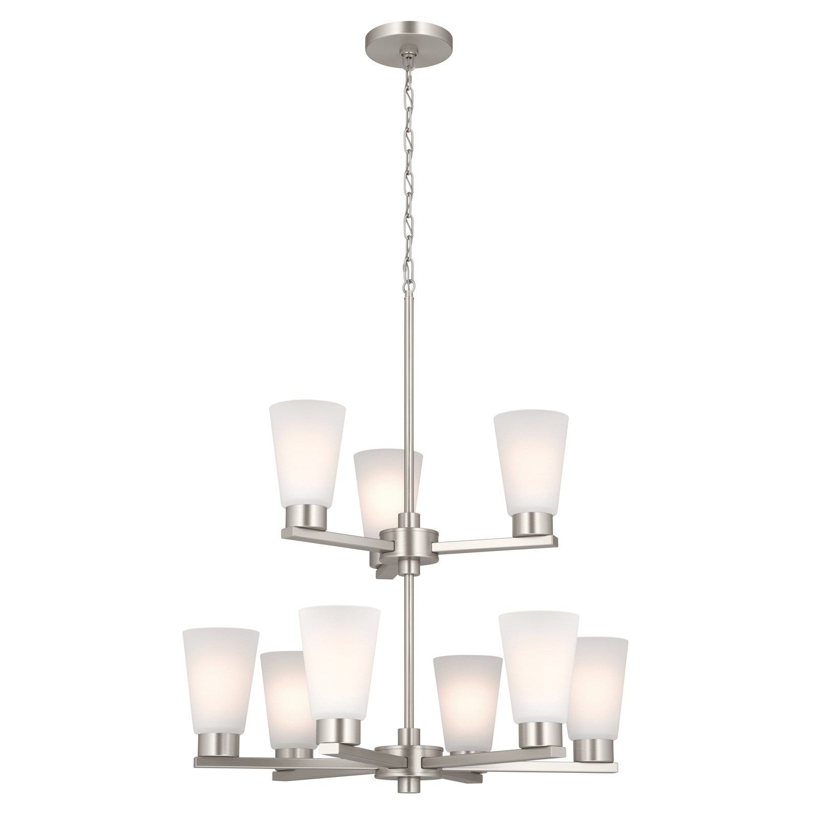 Kichler Stamos 24in 9-Light Chandelier | Modern Brushed Nickel Steel and Satin Etched Glass | Dining Room & Living Room | 27in H | Model 52438NI