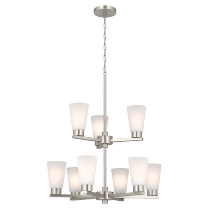 Kichler Stamos 24in 9-Light Chandelier | Modern Brushed Nickel Steel and Satin Etched Glass | Dining Room & Living Room | 27in H | Model 52438NI