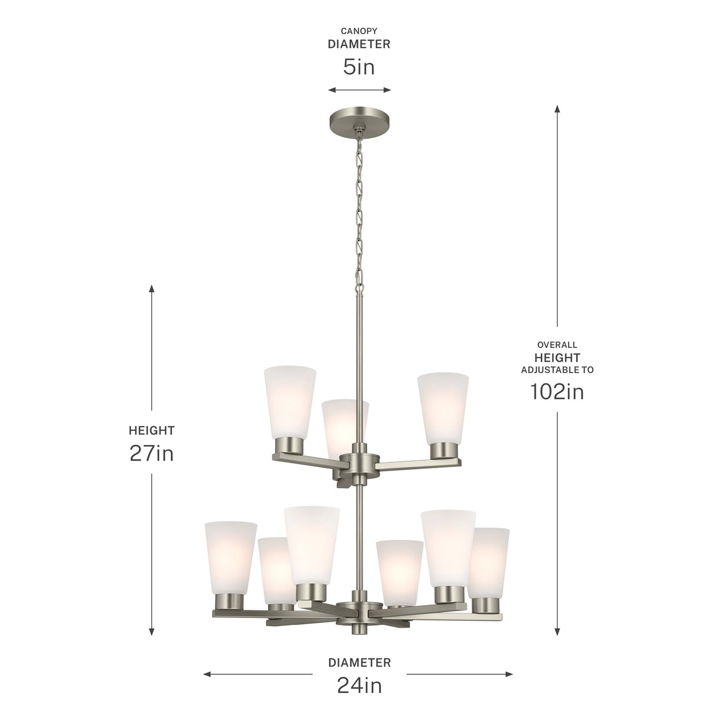 Kichler Stamos 24in 9-Light Chandelier | Modern Brushed Nickel Steel and Satin Etched Glass | Dining Room & Living Room | 27in H | Model 52438NI