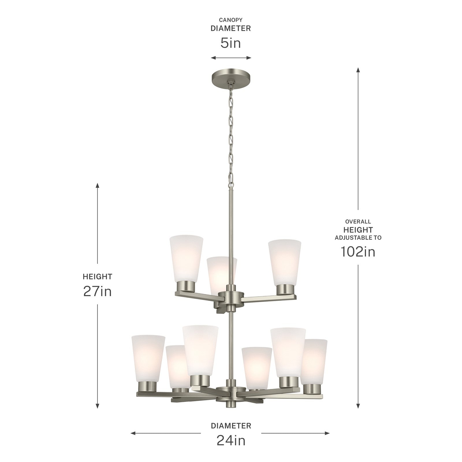 Kichler Stamos 24in 9-Light Chandelier | Modern Brushed Nickel Steel and Satin Etched Glass | Dining Room & Living Room | 27in H | Model 52438NI