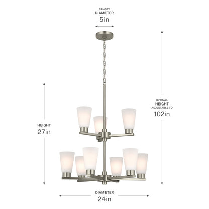 Kichler Stamos 24in 9-Light Chandelier | Modern Brushed Nickel Steel and Satin Etched Glass | Dining Room & Living Room | 27in H | Model 52438NI