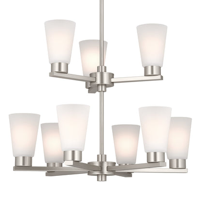 Kichler Stamos 24in 9-Light Chandelier | Modern Brushed Nickel Steel and Satin Etched Glass | Dining Room & Living Room | 27in H | Model 52438NI