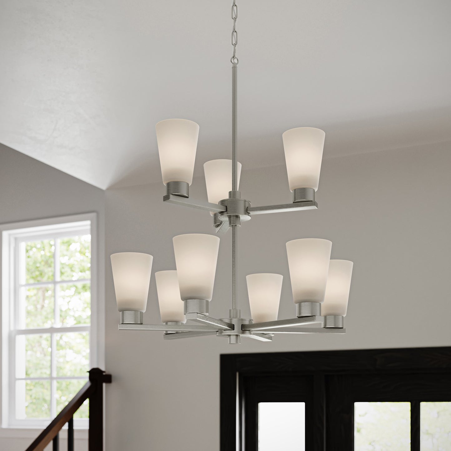 Kichler Stamos 24in 9-Light Chandelier | Modern Brushed Nickel Steel and Satin Etched Glass | Dining Room & Living Room | 27in H | Model 52438NI