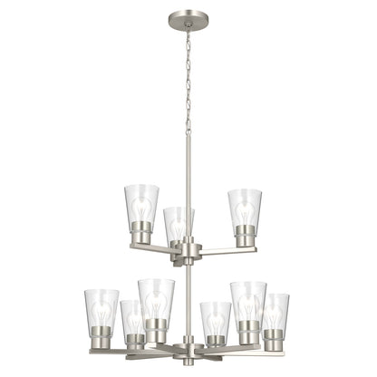 Kichler Stamos 24in 9-Light Chandelier | Modern Brushed Nickel Steel and Clear Glass | Dining Room & Living Room | 27 in H, 36 in Chain | Model 52438NICLR