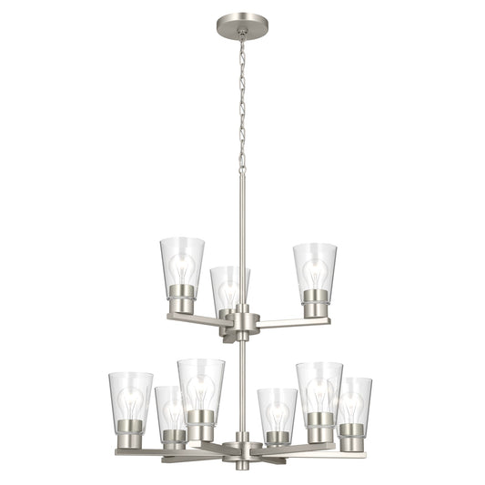 Kichler Stamos 24in 9-Light Chandelier | Modern Brushed Nickel Steel and Clear Glass | Dining Room & Living Room | 27 in H, 36 in Chain | Model 52438NICLR