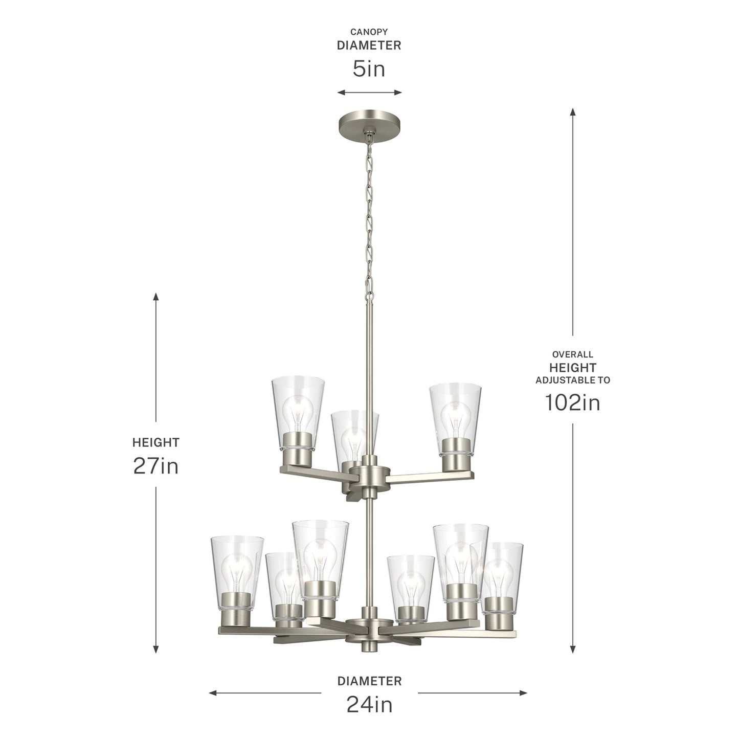 Kichler Stamos 24in 9-Light Chandelier | Modern Brushed Nickel Steel and Clear Glass | Dining Room & Living Room | 27 in H, 36 in Chain | Model 52438NICLR