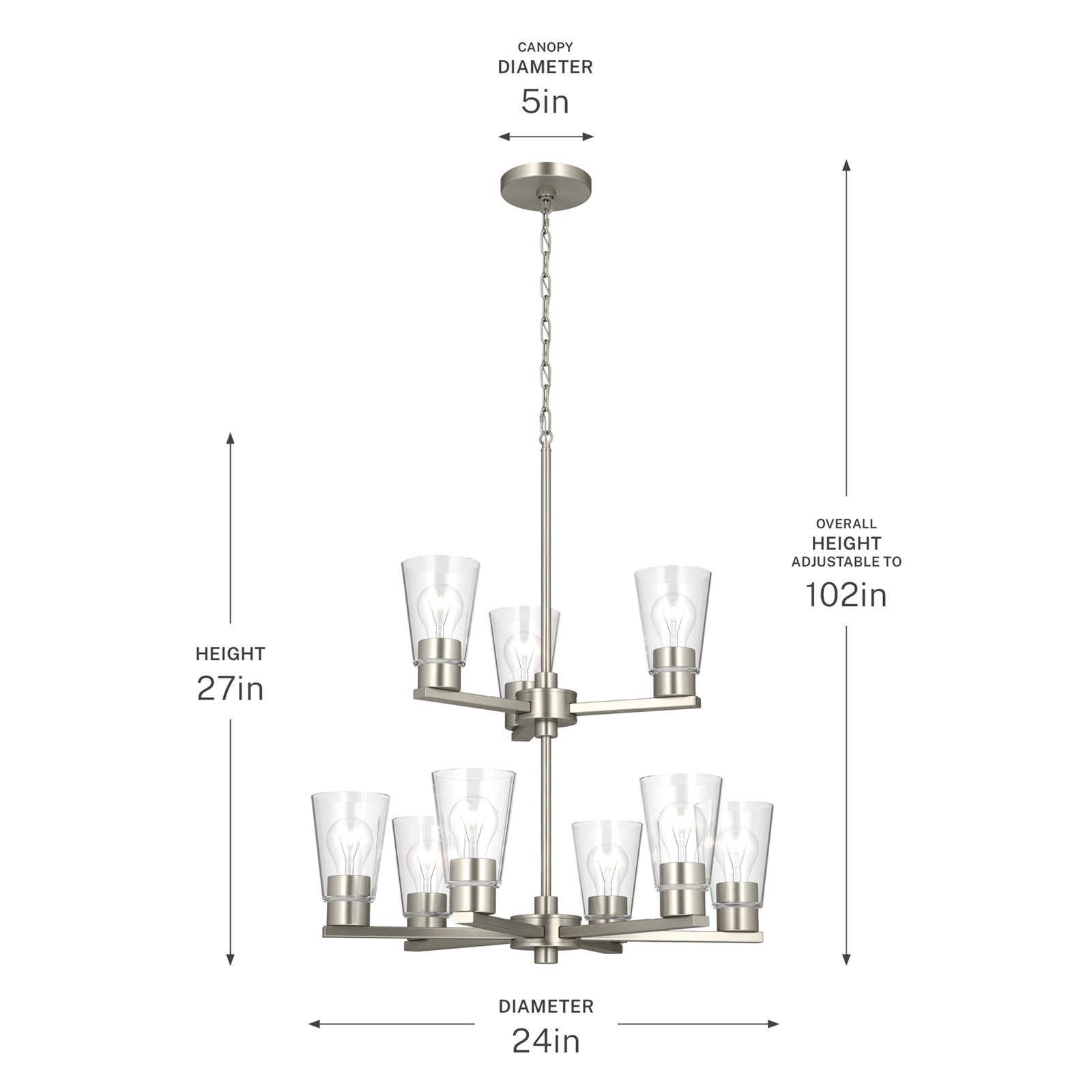 Kichler Stamos 24in 9-Light Chandelier | Modern Brushed Nickel Steel and Clear Glass | Dining Room & Living Room | 27 in H, 36 in Chain | Model 52438NICLR