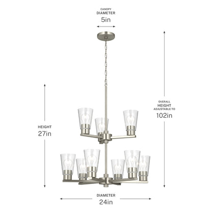 Kichler Stamos 24in 9-Light Chandelier | Modern Brushed Nickel Steel and Clear Glass | Dining Room & Living Room | 27 in H, 36 in Chain | Model 52438NICLR