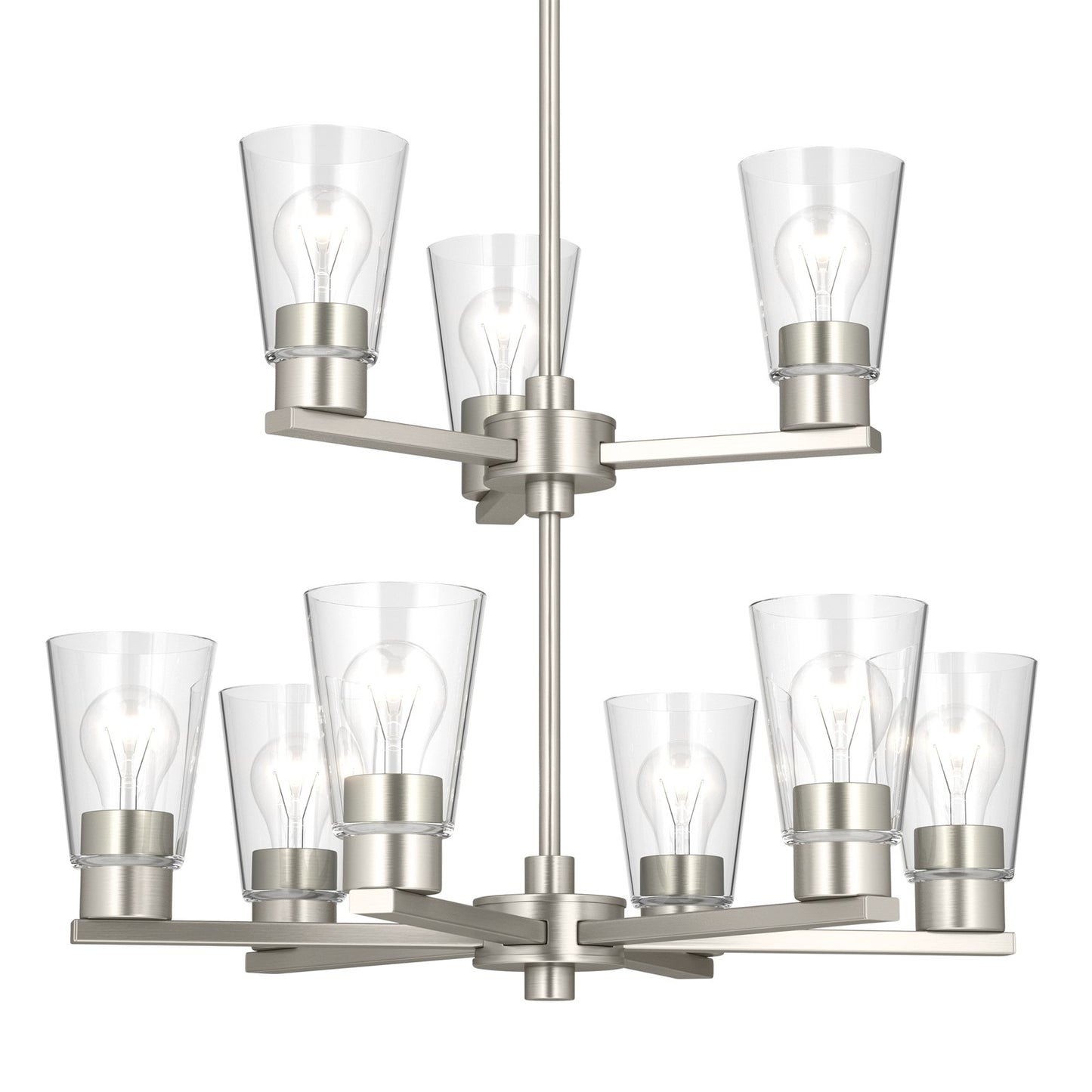 Kichler Stamos 24in 9-Light Chandelier | Modern Brushed Nickel Steel and Clear Glass | Dining Room & Living Room | 27 in H, 36 in Chain | Model 52438NICLR