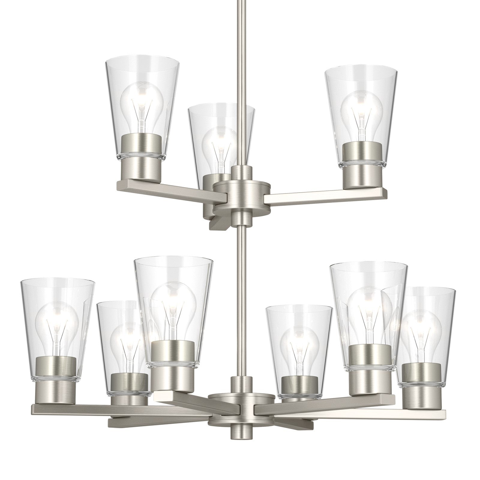 Kichler Stamos 24in 9-Light Chandelier | Modern Brushed Nickel Steel and Clear Glass | Dining Room & Living Room | 27 in H, 36 in Chain | Model 52438NICLR