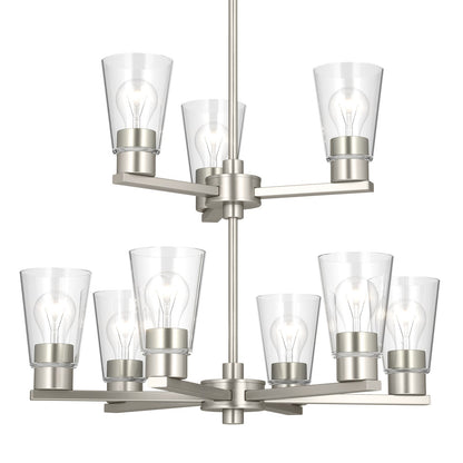 Kichler Stamos 24in 9-Light Chandelier | Modern Brushed Nickel Steel and Clear Glass | Dining Room & Living Room | 27 in H, 36 in Chain | Model 52438NICLR