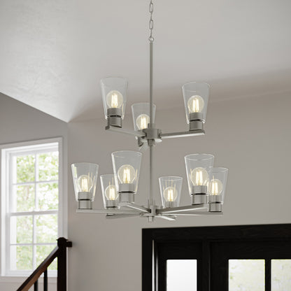 Kichler Stamos 24in 9-Light Chandelier | Modern Brushed Nickel Steel and Clear Glass | Dining Room & Living Room | 27 in H, 36 in Chain | Model 52438NICLR