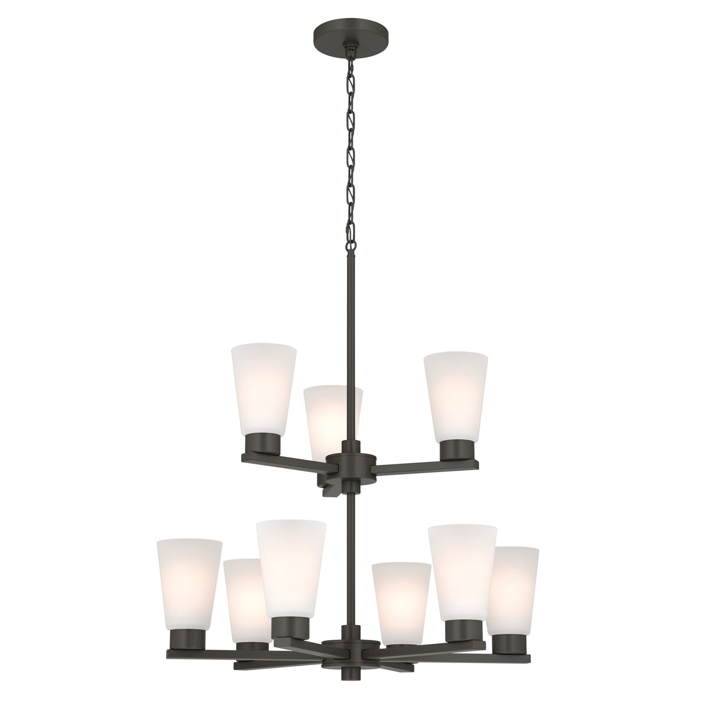Kichler Stamos 24in 9-Light Chandelier | Modern Olde Bronze Steel and Satin Etched Glass | Dining Room & Living Room | 27 in H, 36 in Chain | Model 52438OZ