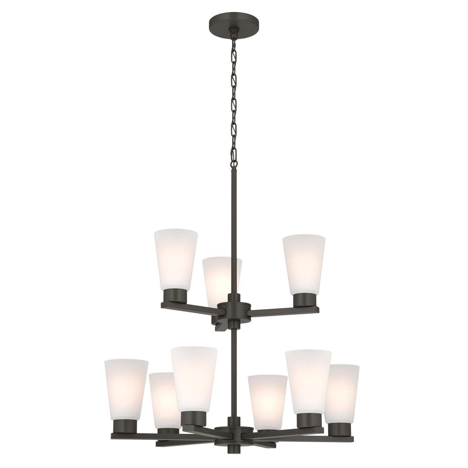 Kichler Stamos 24in 9-Light Chandelier | Modern Olde Bronze Steel and Satin Etched Glass | Dining Room & Living Room | 27 in H, 36 in Chain | Model 52438OZ