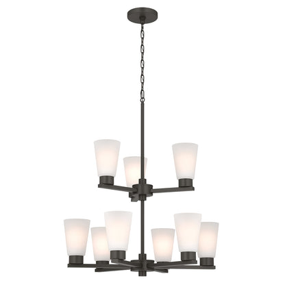 Kichler Stamos 24in 9-Light Chandelier | Modern Olde Bronze Steel and Satin Etched Glass | Dining Room & Living Room | 27 in H, 36 in Chain | Model 52438OZ