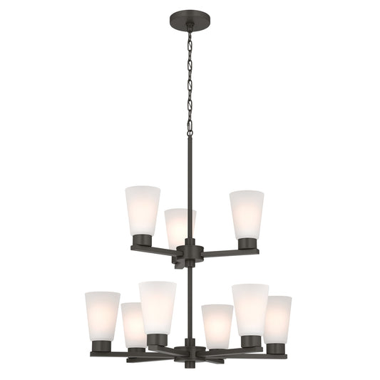 Kichler Stamos 24in 9-Light Chandelier | Modern Olde Bronze Steel and Satin Etched Glass | Dining Room & Living Room | 27 in H, 36 in Chain | Model 52438OZ