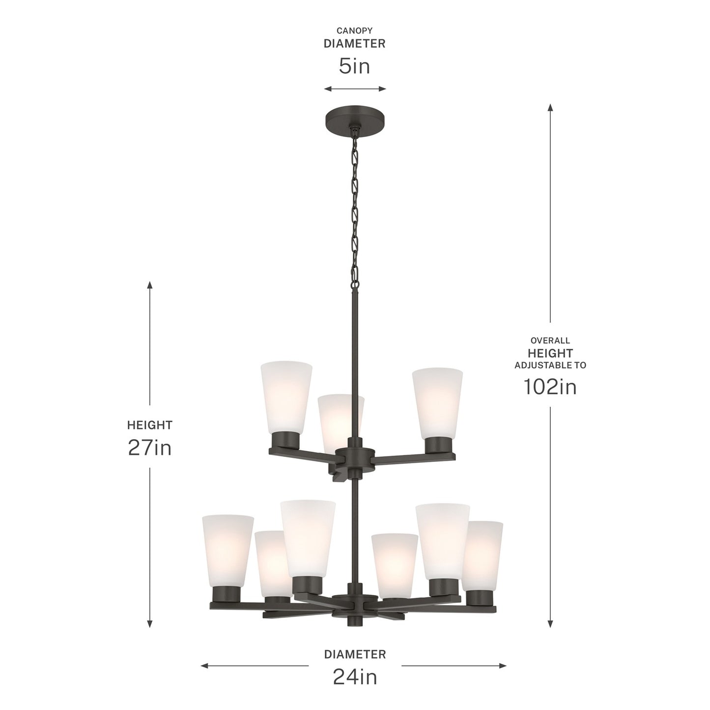 Kichler Stamos 24in 9-Light Chandelier | Modern Olde Bronze Steel and Satin Etched Glass | Dining Room & Living Room | 27 in H, 36 in Chain | Model 52438OZ