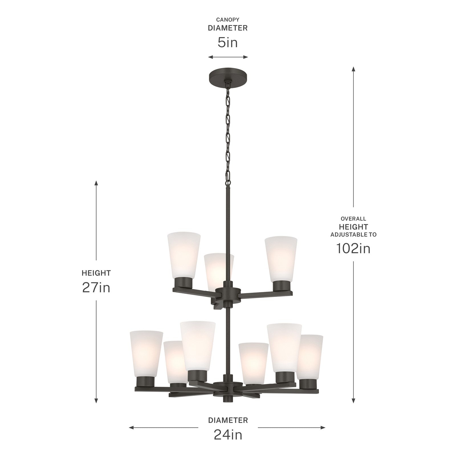 Kichler Stamos 24in 9-Light Chandelier | Modern Olde Bronze Steel and Satin Etched Glass | Dining Room & Living Room | 27 in H, 36 in Chain | Model 52438OZ