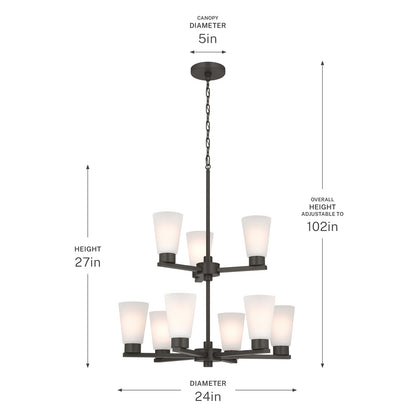 Kichler Stamos 24in 9-Light Chandelier | Modern Olde Bronze Steel and Satin Etched Glass | Dining Room & Living Room | 27 in H, 36 in Chain | Model 52438OZ