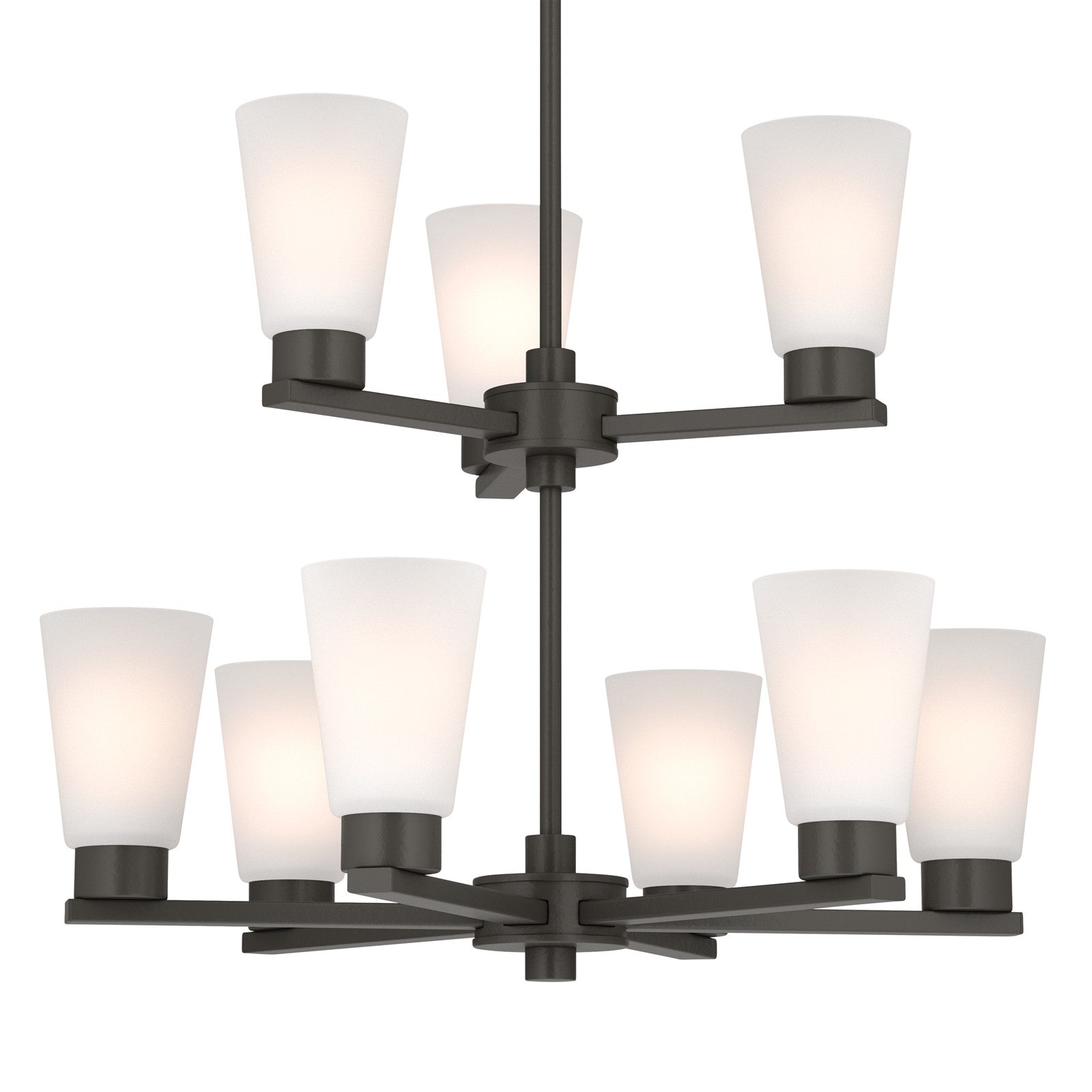 Kichler Stamos 24in 9-Light Chandelier | Modern Olde Bronze Steel and Satin Etched Glass | Dining Room & Living Room | 27 in H, 36 in Chain | Model 52438OZ