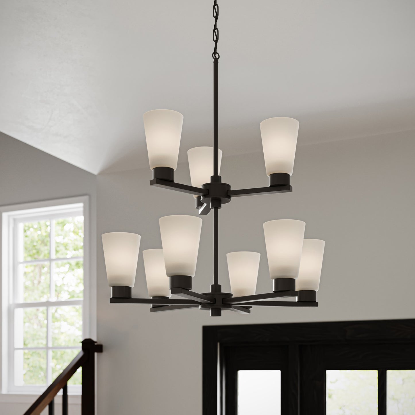 Kichler Stamos 24in 9-Light Chandelier | Modern Olde Bronze Steel and Satin Etched Glass | Dining Room & Living Room | 27 in H, 36 in Chain | Model 52438OZ