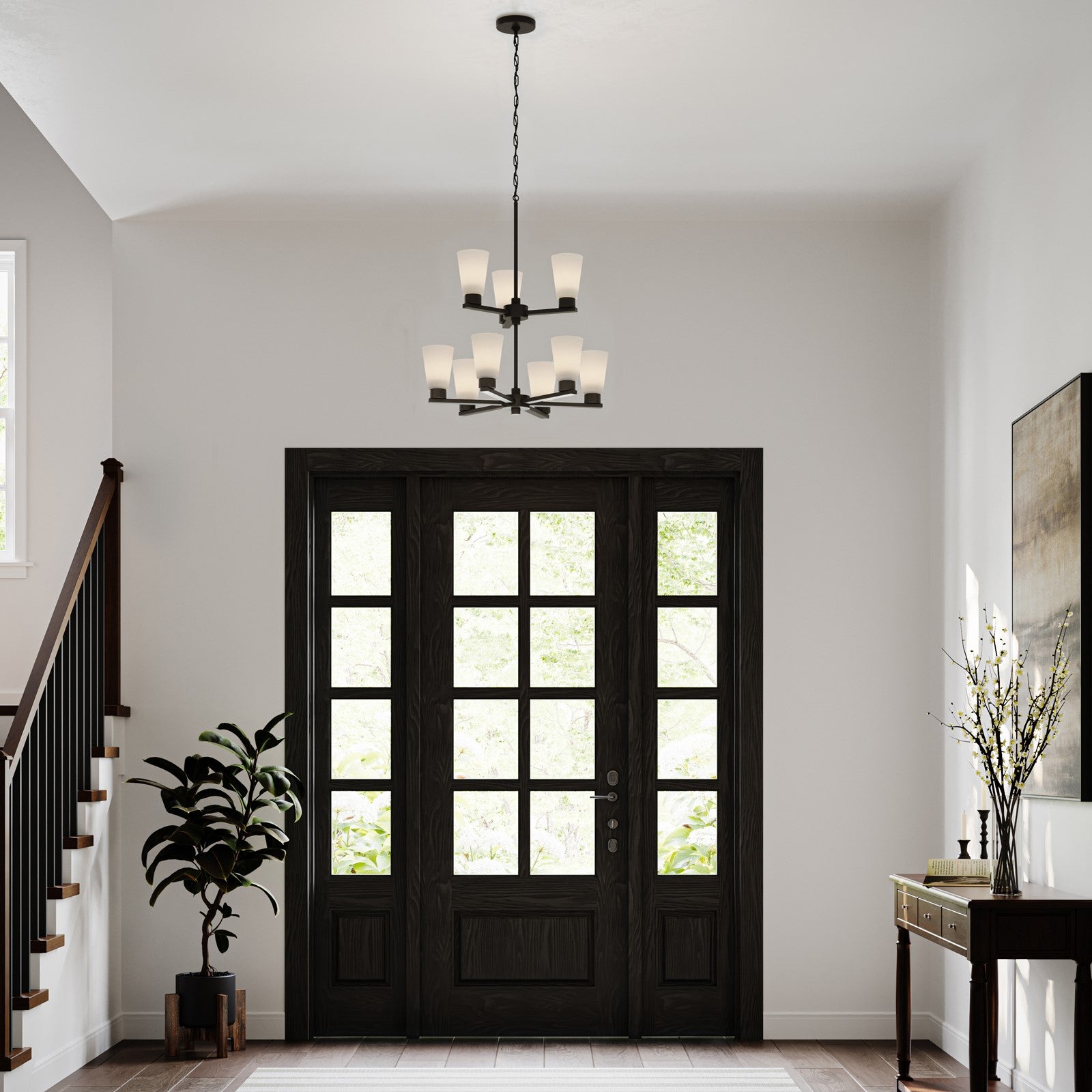 Kichler Stamos 24in 9-Light Chandelier | Modern Olde Bronze Steel and Satin Etched Glass | Dining Room & Living Room | 27 in H, 36 in Chain | Model 52438OZ