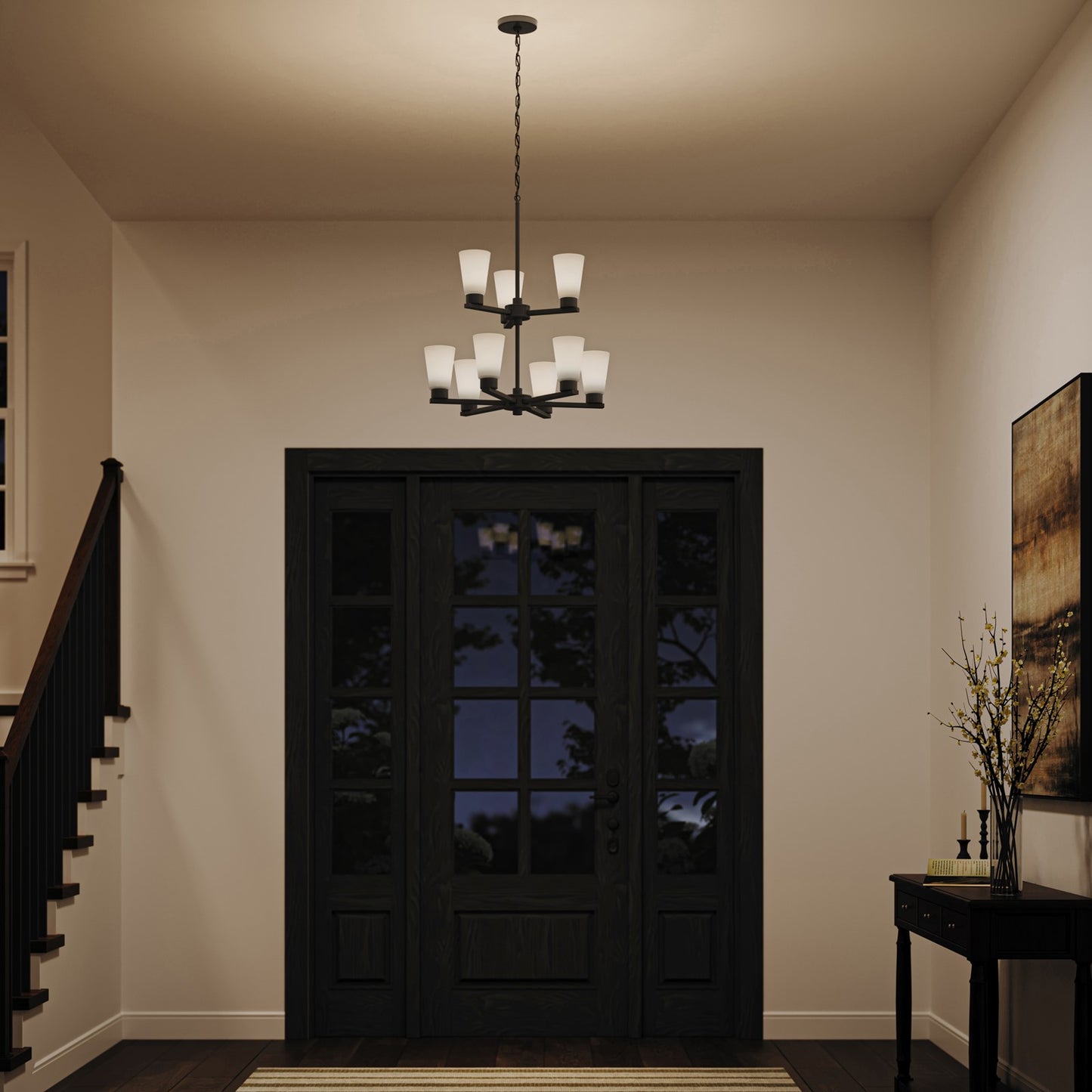 Kichler Stamos 24in 9-Light Chandelier | Modern Olde Bronze Steel and Satin Etched Glass | Dining Room & Living Room | 27 in H, 36 in Chain | Model 52438OZ