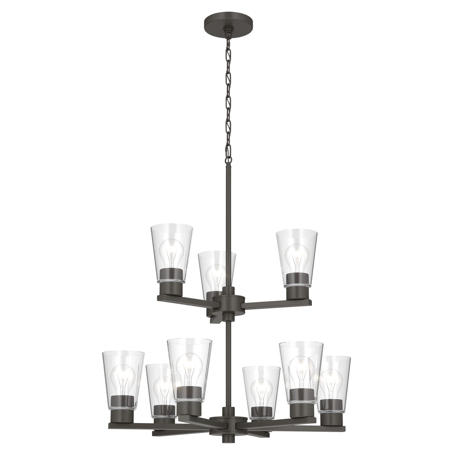 Kichler Stamos 24in 9-Light Chandelier | Modern Olde Bronze Steel and Clear Glass | Dining Room & Living Room | 27 in H, 36 in Chain | Model 52438OZCLR