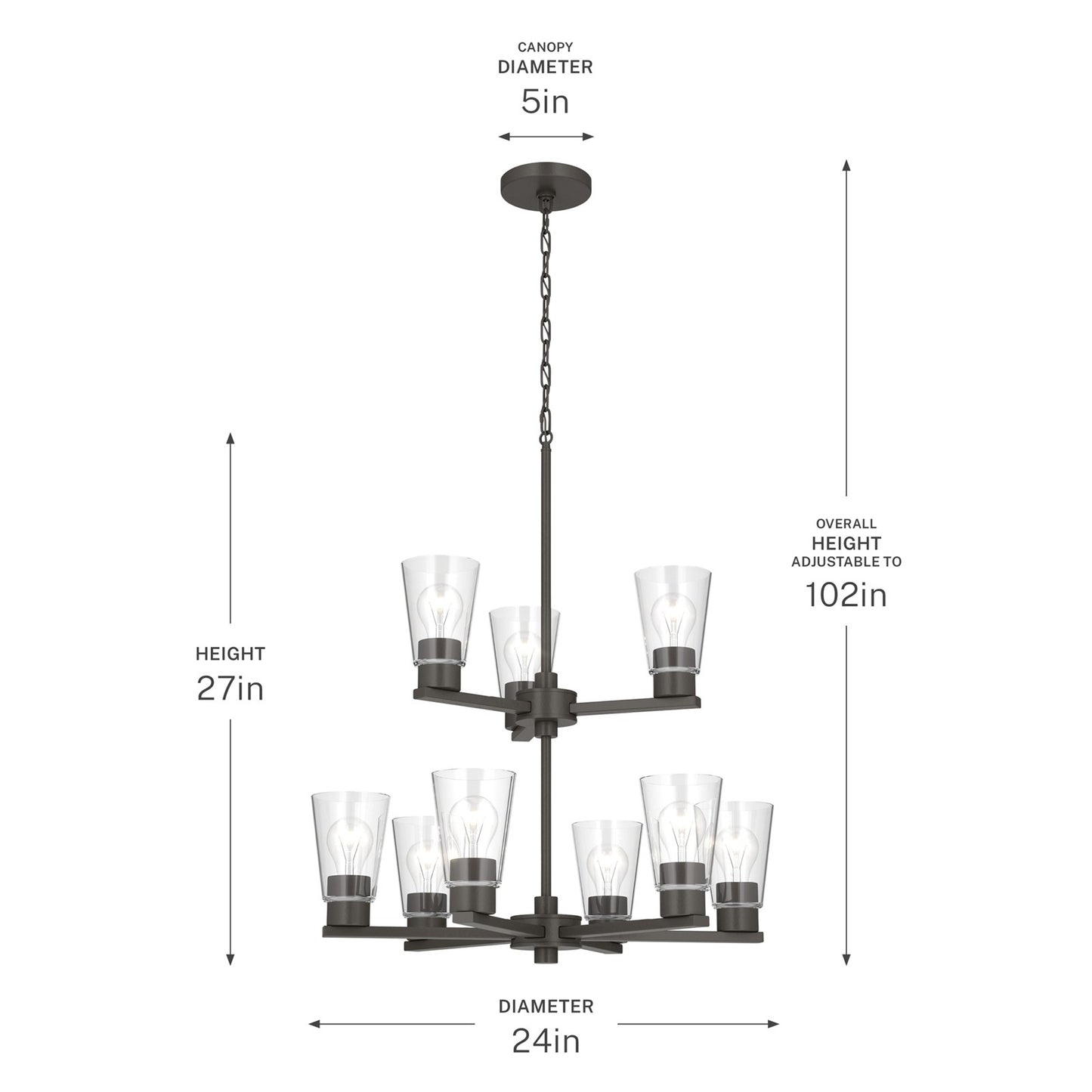 Kichler Stamos 24in 9-Light Chandelier | Modern Olde Bronze Steel and Clear Glass | Dining Room & Living Room | 27 in H, 36 in Chain | Model 52438OZCLR