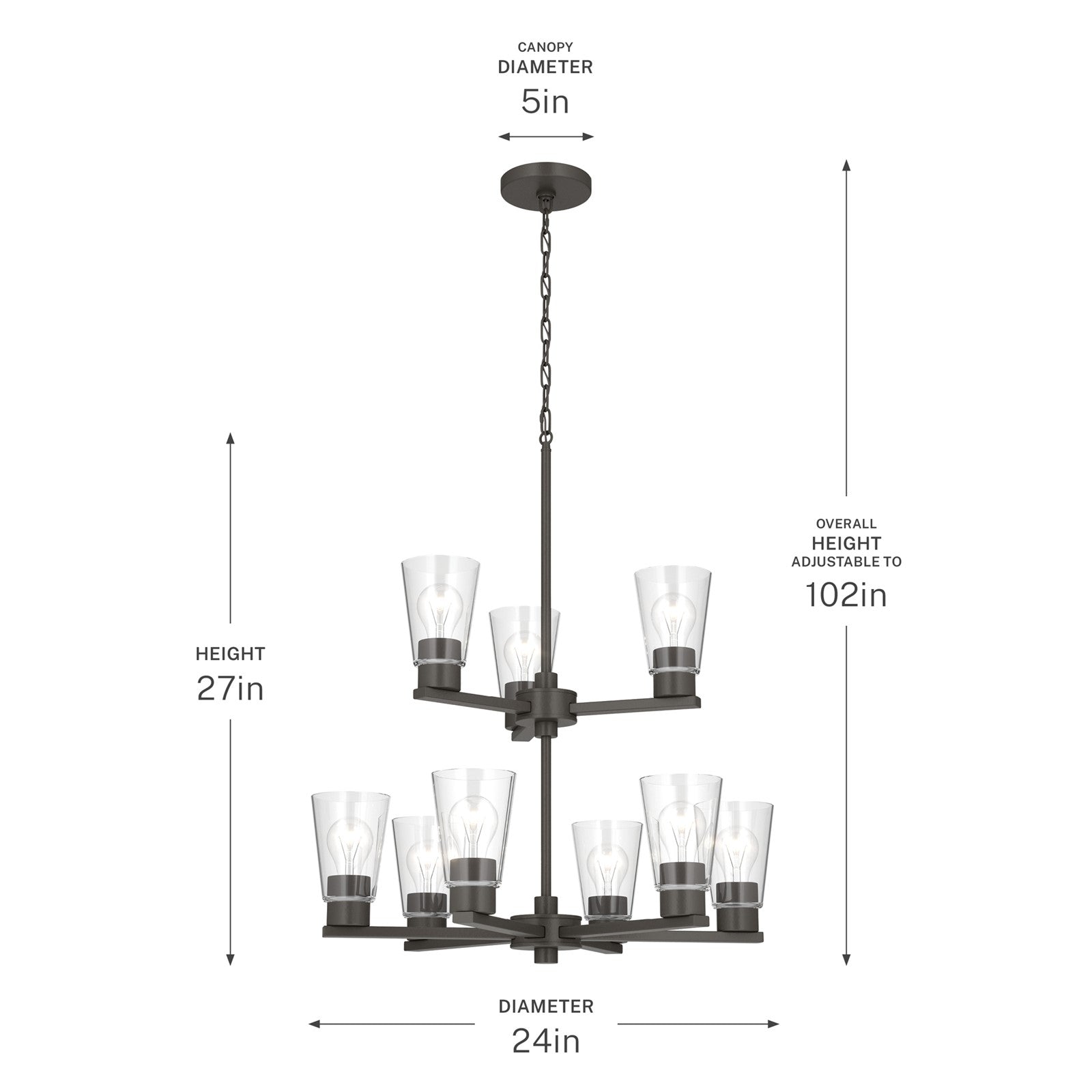 Kichler Stamos 24in 9-Light Chandelier | Modern Olde Bronze Steel and Clear Glass | Dining Room & Living Room | 27 in H, 36 in Chain | Model 52438OZCLR