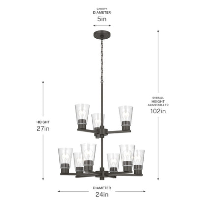 Kichler Stamos 24in 9-Light Chandelier | Modern Olde Bronze Steel and Clear Glass | Dining Room & Living Room | 27 in H, 36 in Chain | Model 52438OZCLR