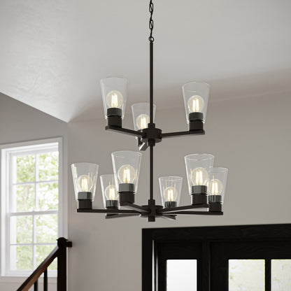 Kichler Stamos 24in 9-Light Chandelier | Modern Olde Bronze Steel and Clear Glass | Dining Room & Living Room | 27 in H, 36 in Chain | Model 52438OZCLR