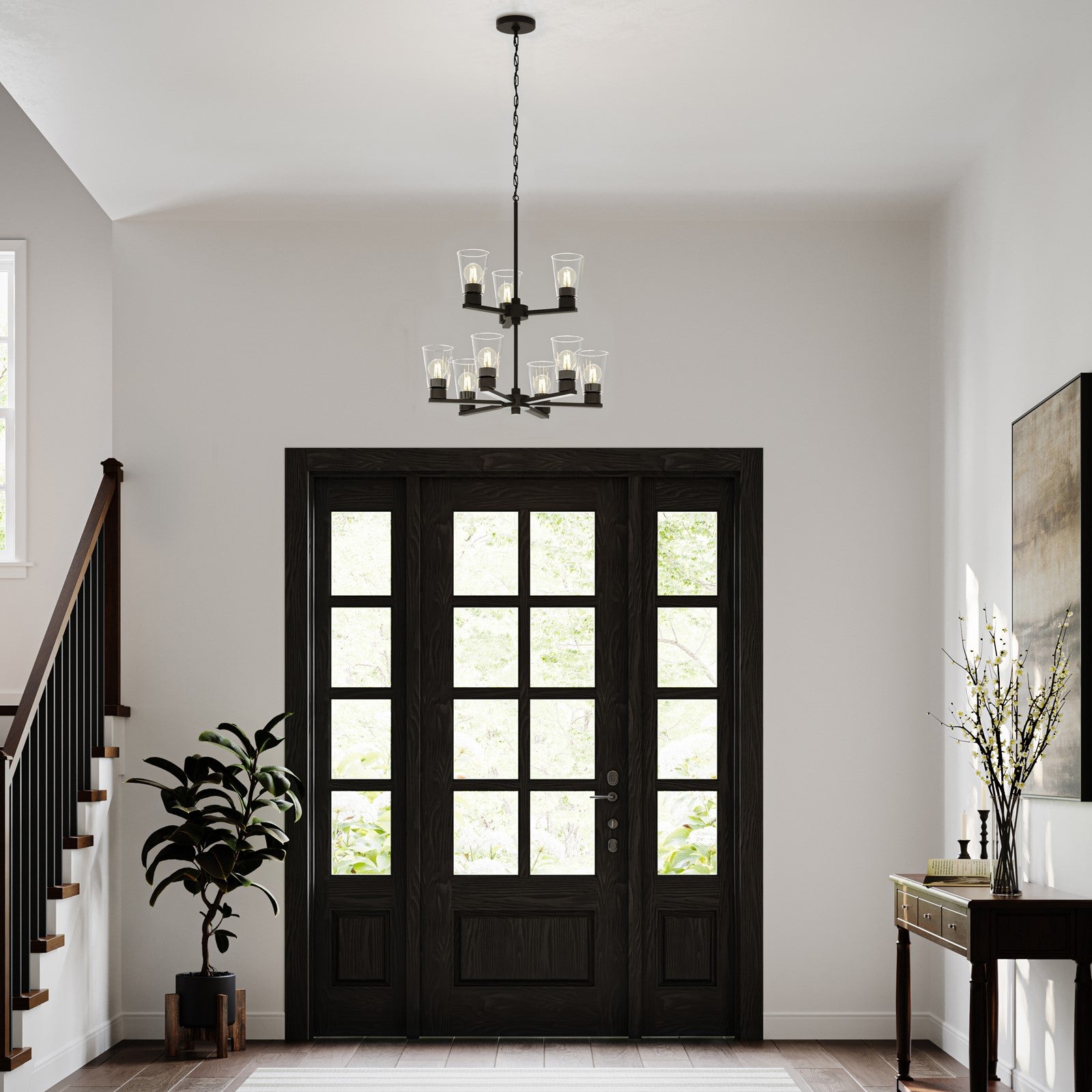 Kichler Stamos 24in 9-Light Chandelier | Modern Olde Bronze Steel and Clear Glass | Dining Room & Living Room | 27 in H, 36 in Chain | Model 52438OZCLR