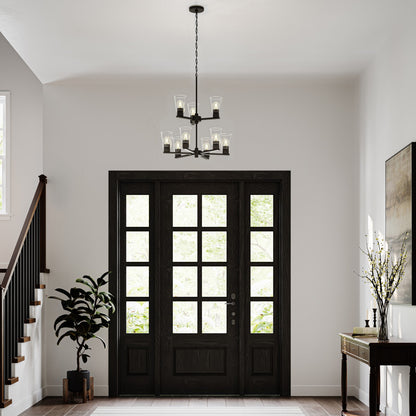 Kichler Stamos 24in 9-Light Chandelier | Modern Olde Bronze Steel and Clear Glass | Dining Room & Living Room | 27 in H, 36 in Chain | Model 52438OZCLR