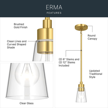 Kichler Erma 4in 1-Light Mini Pendant | Traditional Brushed Gold Steel and Clear Satin Etched Glass | Kitchen Island & Dining Room | 7.5 in H | Model 52444BGCLR