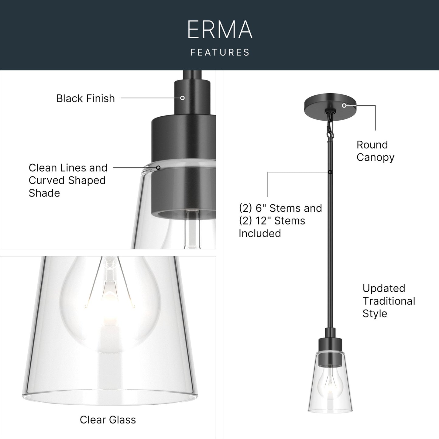 Kichler Erma 4in 1-Light Mini Pendant | Traditional Black Steel and Clear Satin Etched Glass | Kitchen Island & Dining Room | 7.5 in H | Model 52444BKCLR